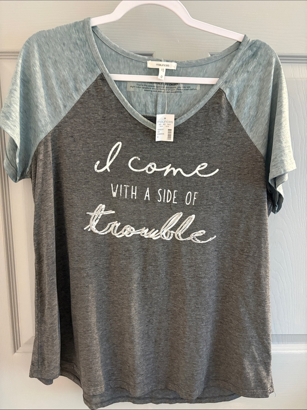 Maurices Heather Gray Tee with Mint Raglan Sleeves